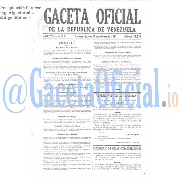 Gaceta Oficial 33658 del 12 Febrero 1987