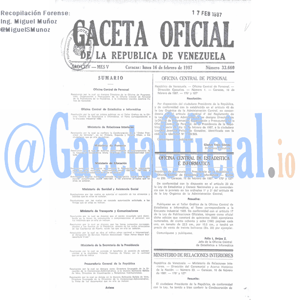 Gaceta Oficial 33660 del 16 Febrero 1987