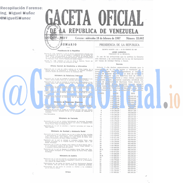 Gaceta Oficial 33662 del 18 Febrero 1987