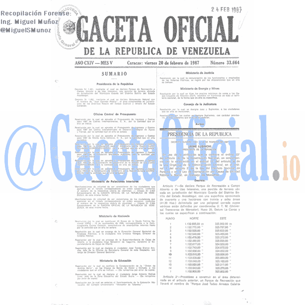 Gaceta Oficial 33664 del 20 Febrero 1987