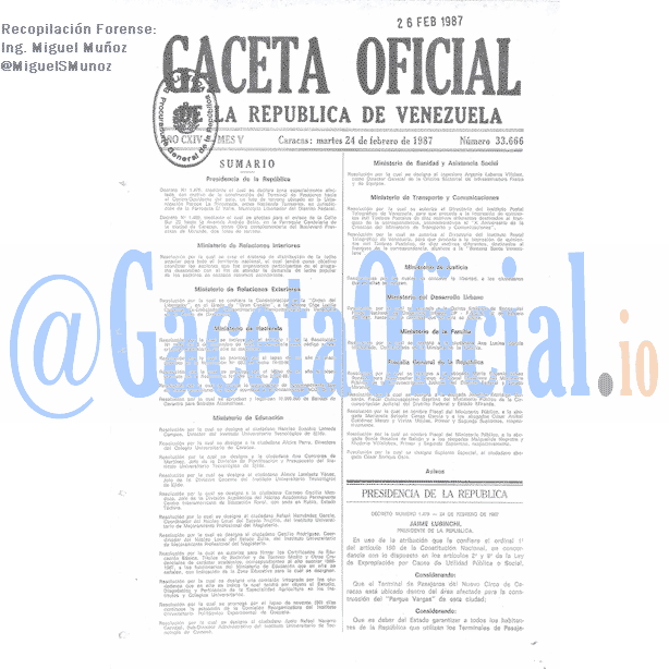 Gaceta Oficial 33666 del 24 Febrero 1987