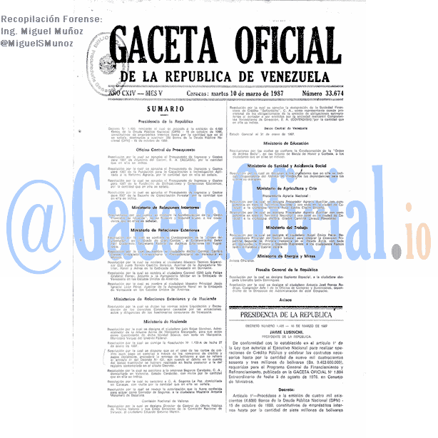 Gaceta Oficial 33674 del 10 Marzo 1987