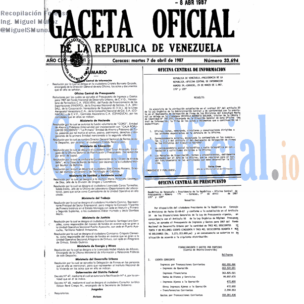 Gaceta Oficial 33694 del 7 Abril 1987