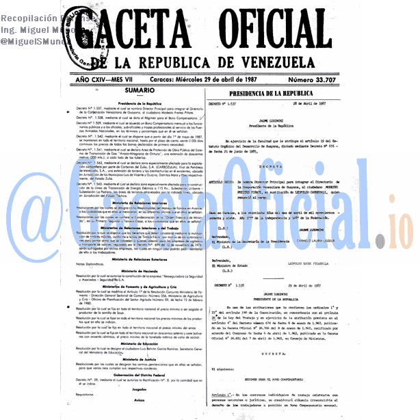 Gaceta Oficial 33707 del 29 Abril 1987