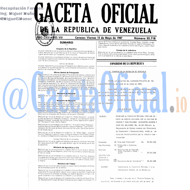 Gaceta Oficial 33718 del 15 Mayo 1987