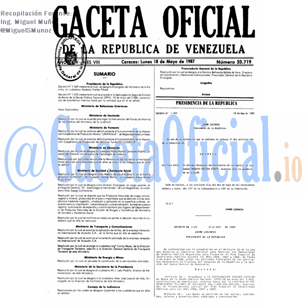 Gaceta Oficial 33719 del 18 Mayo 1987