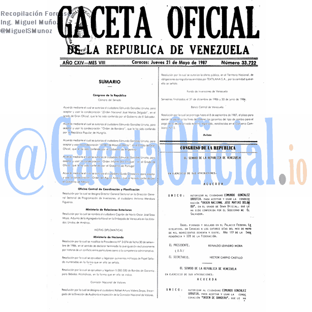 Gaceta Oficial 33722 del 21 Mayo 1987