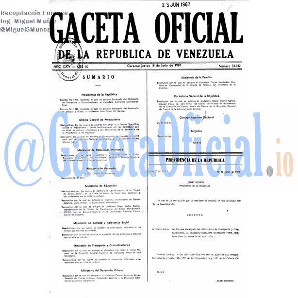 Gaceta Oficial 33742 del 18 Junio 1987