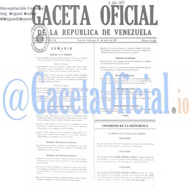Gaceta Oficial 33750 del 1 Julio 1987