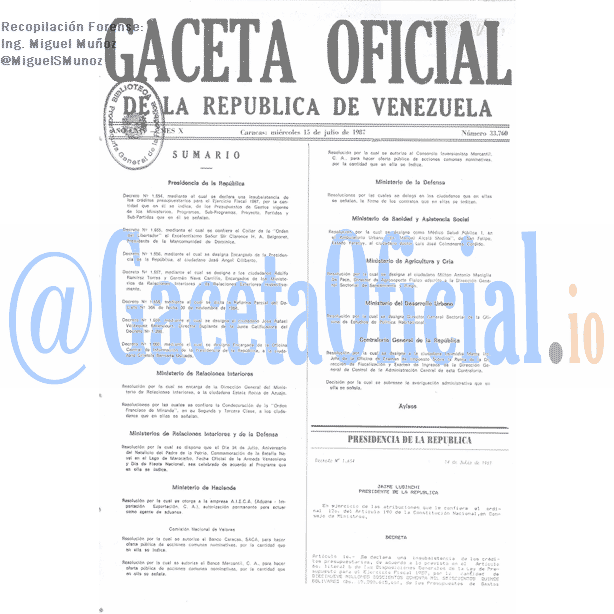 Gaceta Oficial 33760 del 15 Julio 1987