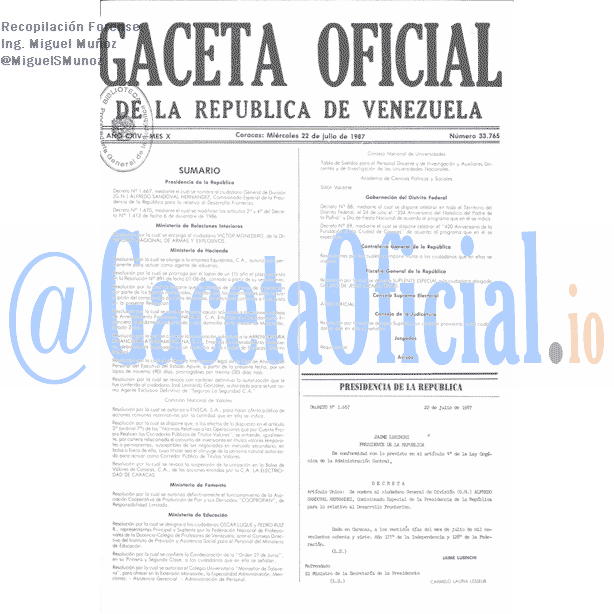 Gaceta Oficial 33765 del 22 Julio 1987