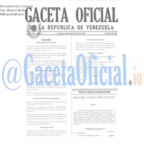 Gaceta Oficial 33766 del 23 Julio 1987