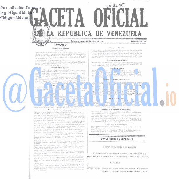 Gaceta Oficial 33767 del 27 Julio 1987