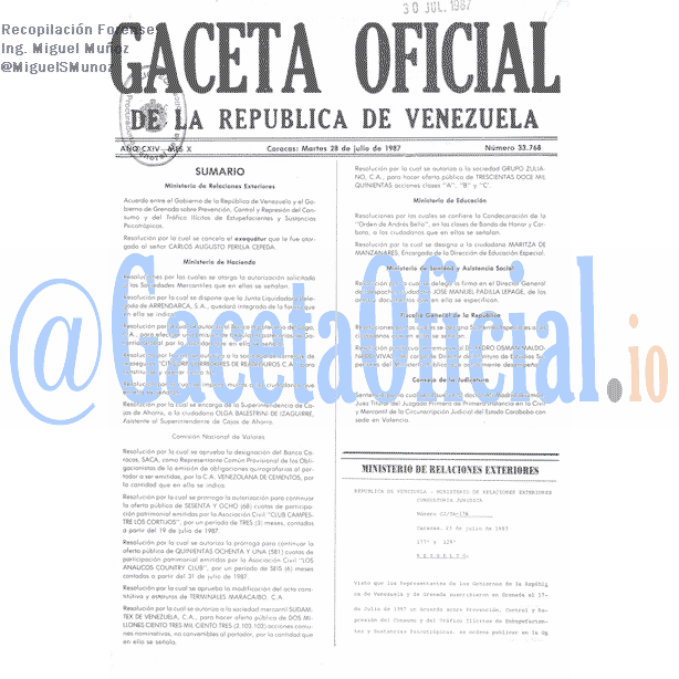 Gaceta Oficial 33768 del 28 Julio 1987