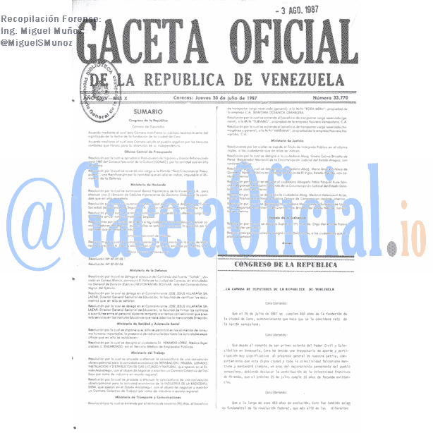 Gaceta Oficial 33770 del 30 Julio 1987