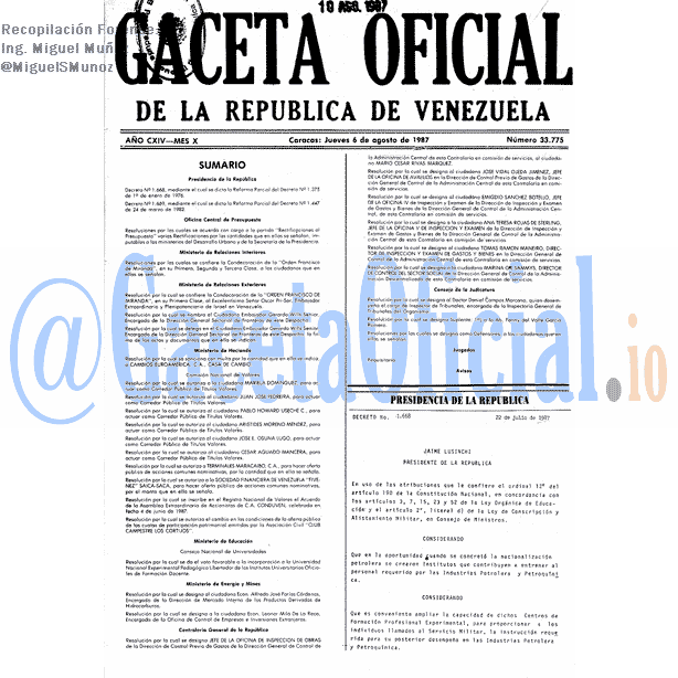 Gaceta Oficial 33775 del 6 Agosto 1987