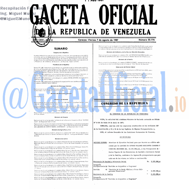 Gaceta Oficial 33776 del 7 Agosto 1987
