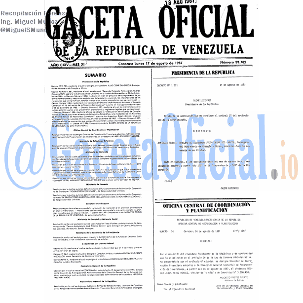 Gaceta Oficial 33782 del 17 Agosto 1987