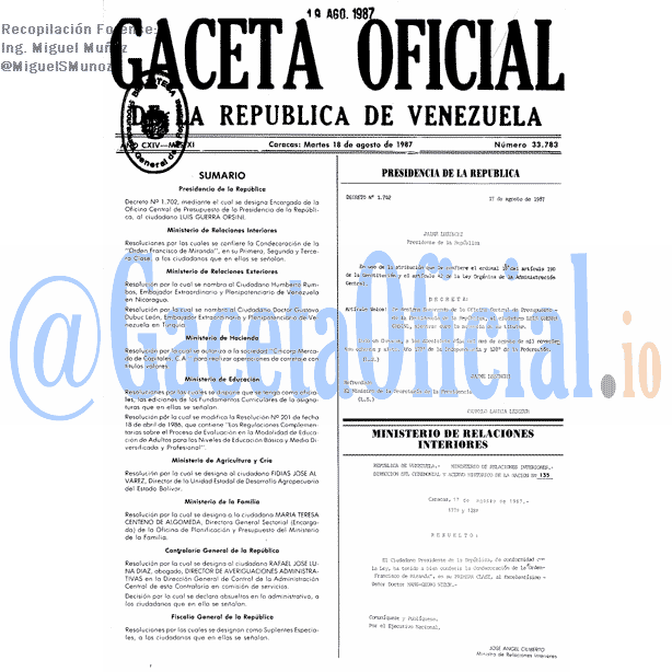 Gaceta Oficial 33783 del 18 Agosto 1987