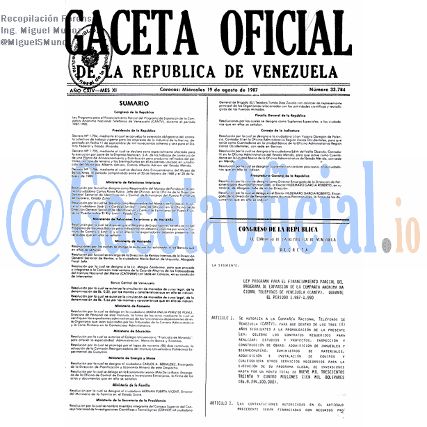 Gaceta Oficial 33784 del 19 Agosto 1987
