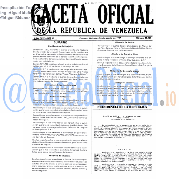 Gaceta Oficial 33789 del 26 Agosto 1987