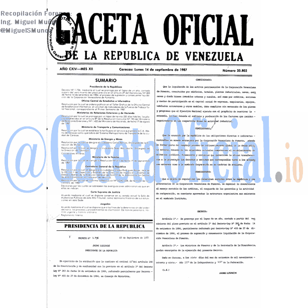 Gaceta Oficial 33802 del 14 Septiembre 1987