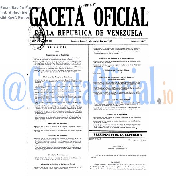 Gaceta Oficial 33807 del 21 Septiembre 1987