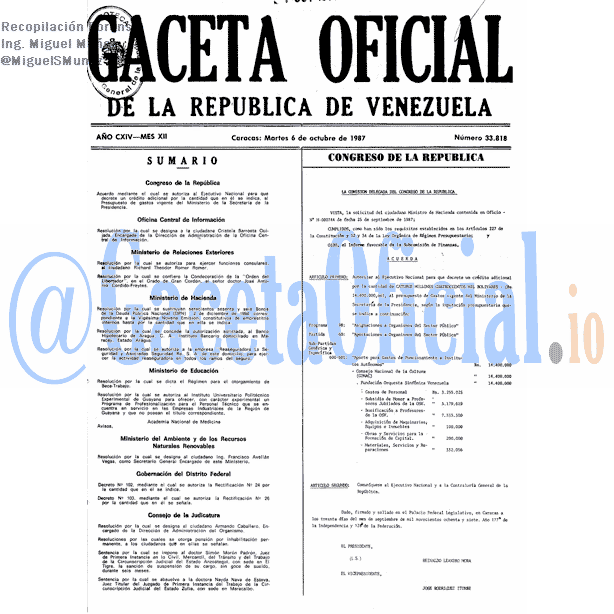 Gaceta Oficial 33818 del 6 Octubre 1987