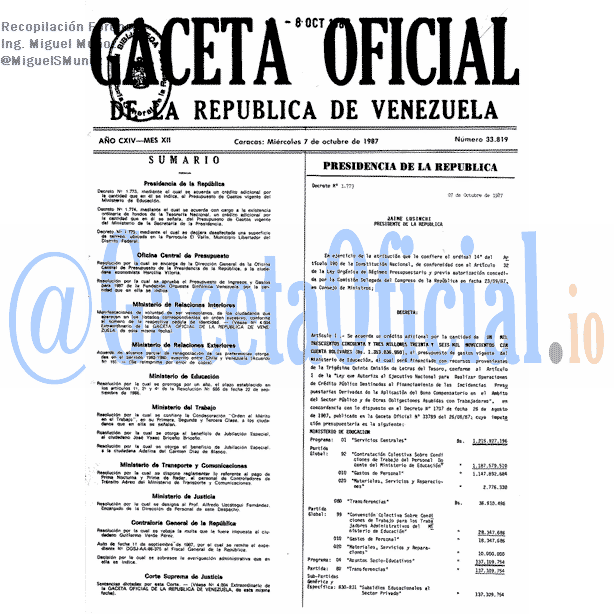 Gaceta Oficial 33819 del 7 Octubre 1987