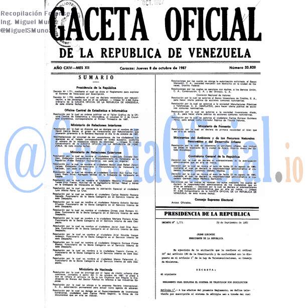 Gaceta Oficial 33820 del 8 Octubre 1987