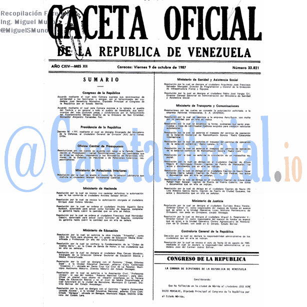 Gaceta Oficial 33821 del 9 Octubre 1987