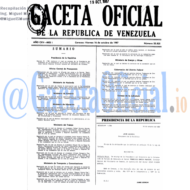 Gaceta Oficial 33825 del 16 Octubre 1987