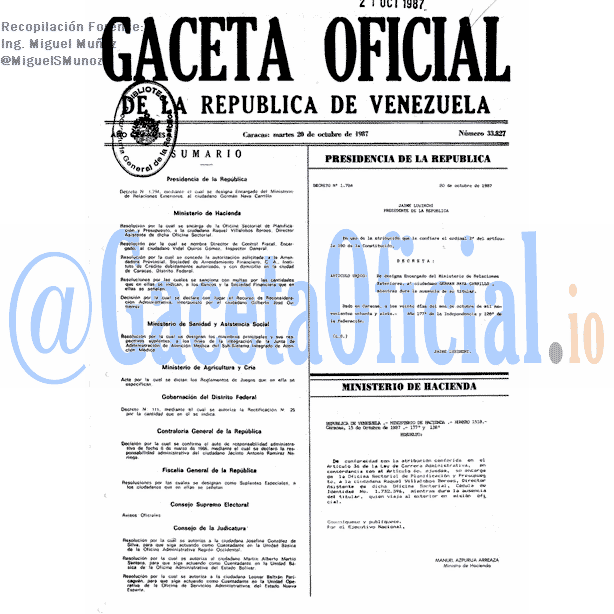 Gaceta Oficial 33827 del 20 Octubre 1987