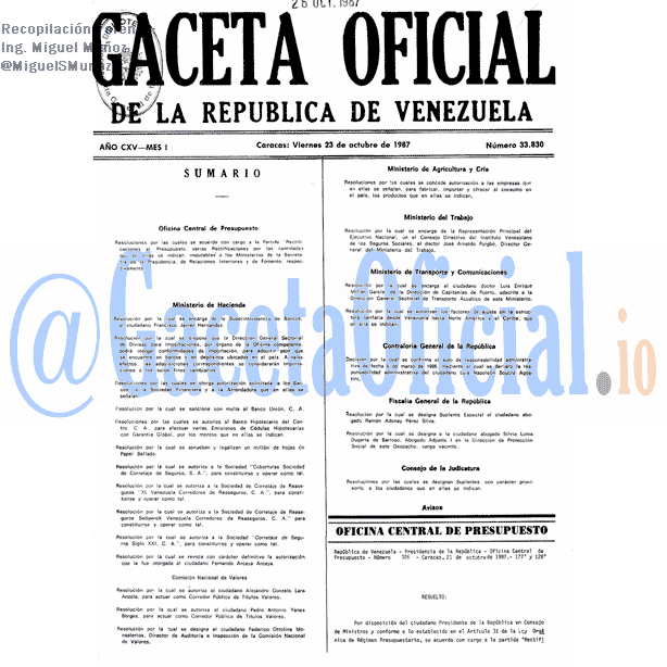 Gaceta Oficial 33830 del 23 Octubre 1987