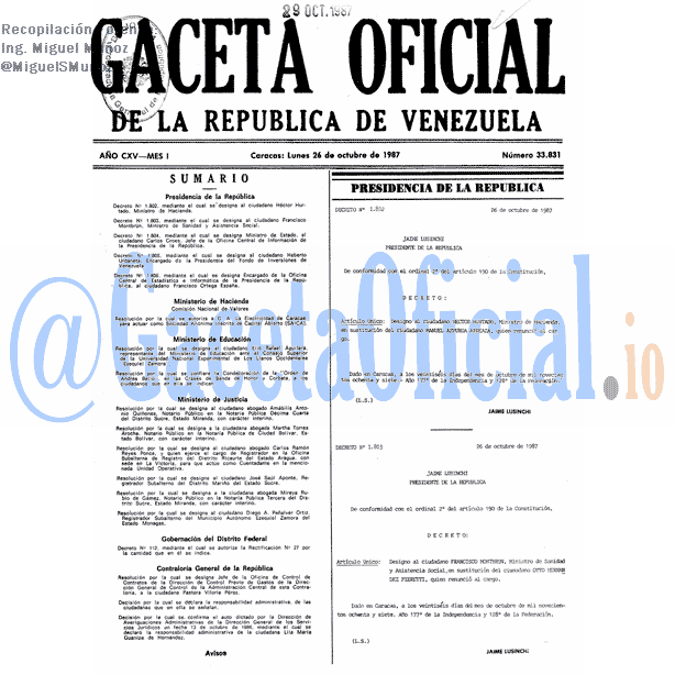 Gaceta Oficial 33831 del 26 Octubre 1987
