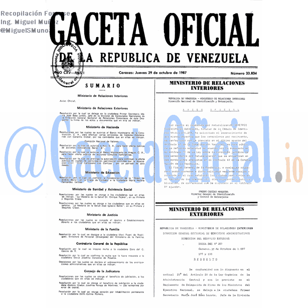 Gaceta Oficial 33834 del 29 Octubre 1987