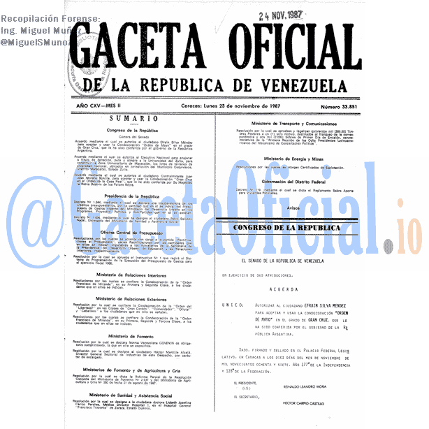 Gaceta Oficial 33851 del 23 Noviembre 1987