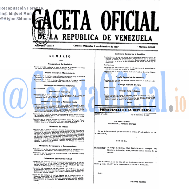 Gaceta Oficial 33858 del 2 Diciembre 1987