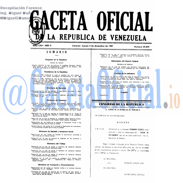 Gaceta Oficial 33859 del 3 Diciembre 1987