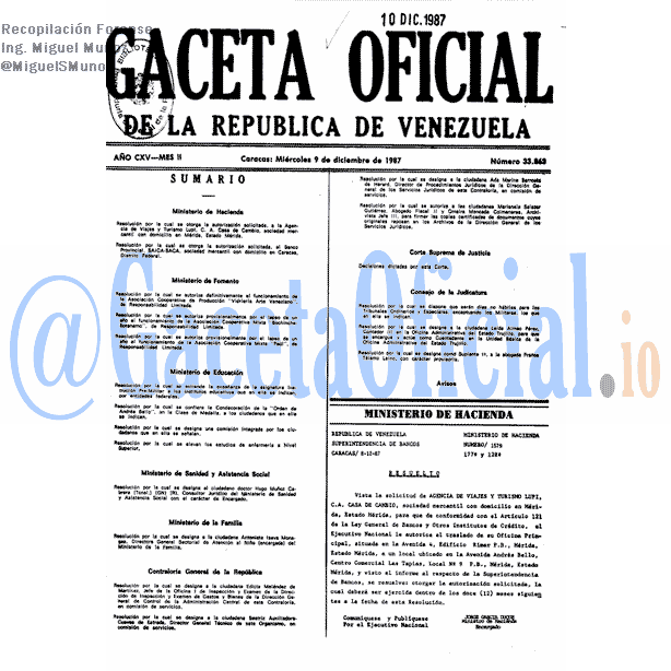 Gaceta Oficial 33863 del 9 Diciembre 1987