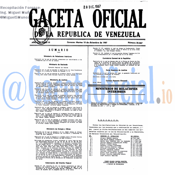 Gaceta Oficial 33867 del 15 Diciembre 1987