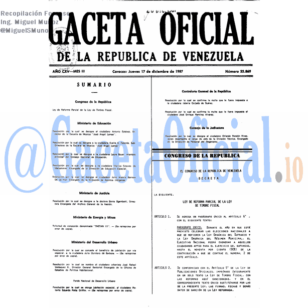 Gaceta Oficial 33869 del 17 Diciembre 1987