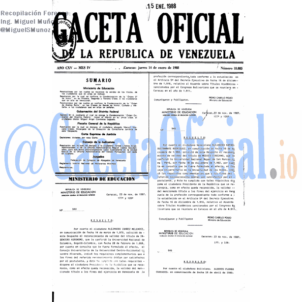 Gaceta Oficial 33885 del 14 Enero 1988