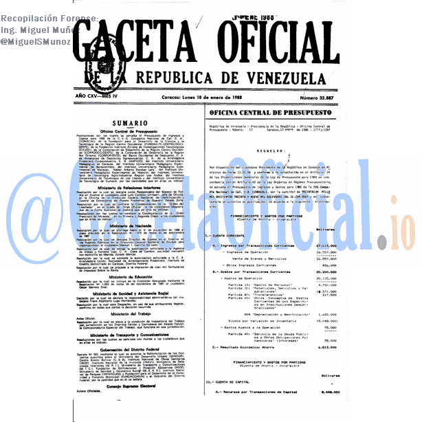 Gaceta Oficial 33887 del 18 Enero 1988