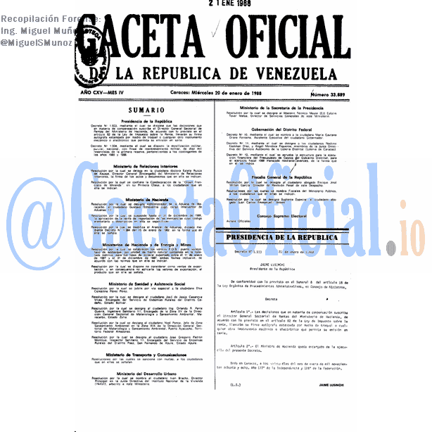 Gaceta Oficial 33889 del 20 Enero 1988