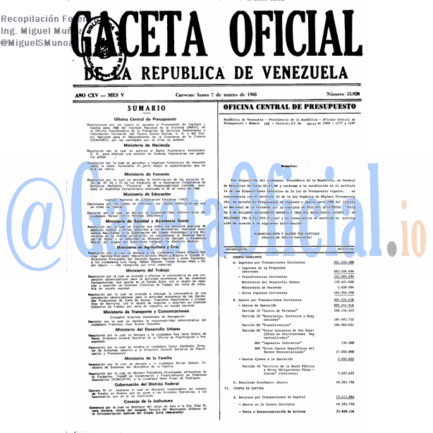 Gaceta Oficial 33920 del 7 Marzo 1988