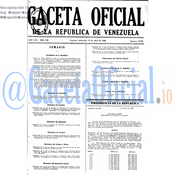 Gaceta Oficial 33944 del 13 Abril 1988