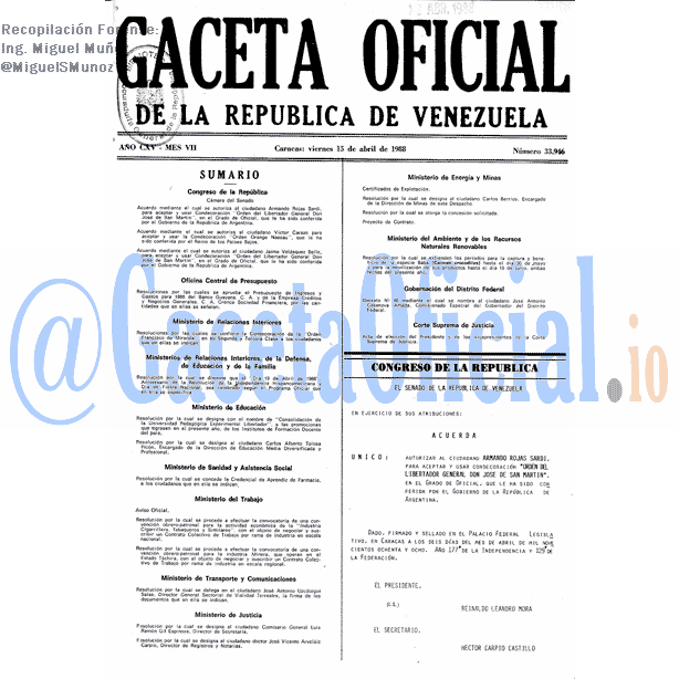 Gaceta Oficial 33946 del 15 Abril 1988