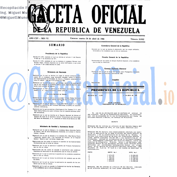 Gaceta Oficial 33952 del 26 Abril 1988