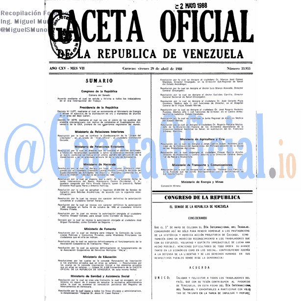 Gaceta Oficial 33955 del 29 Abril 1988